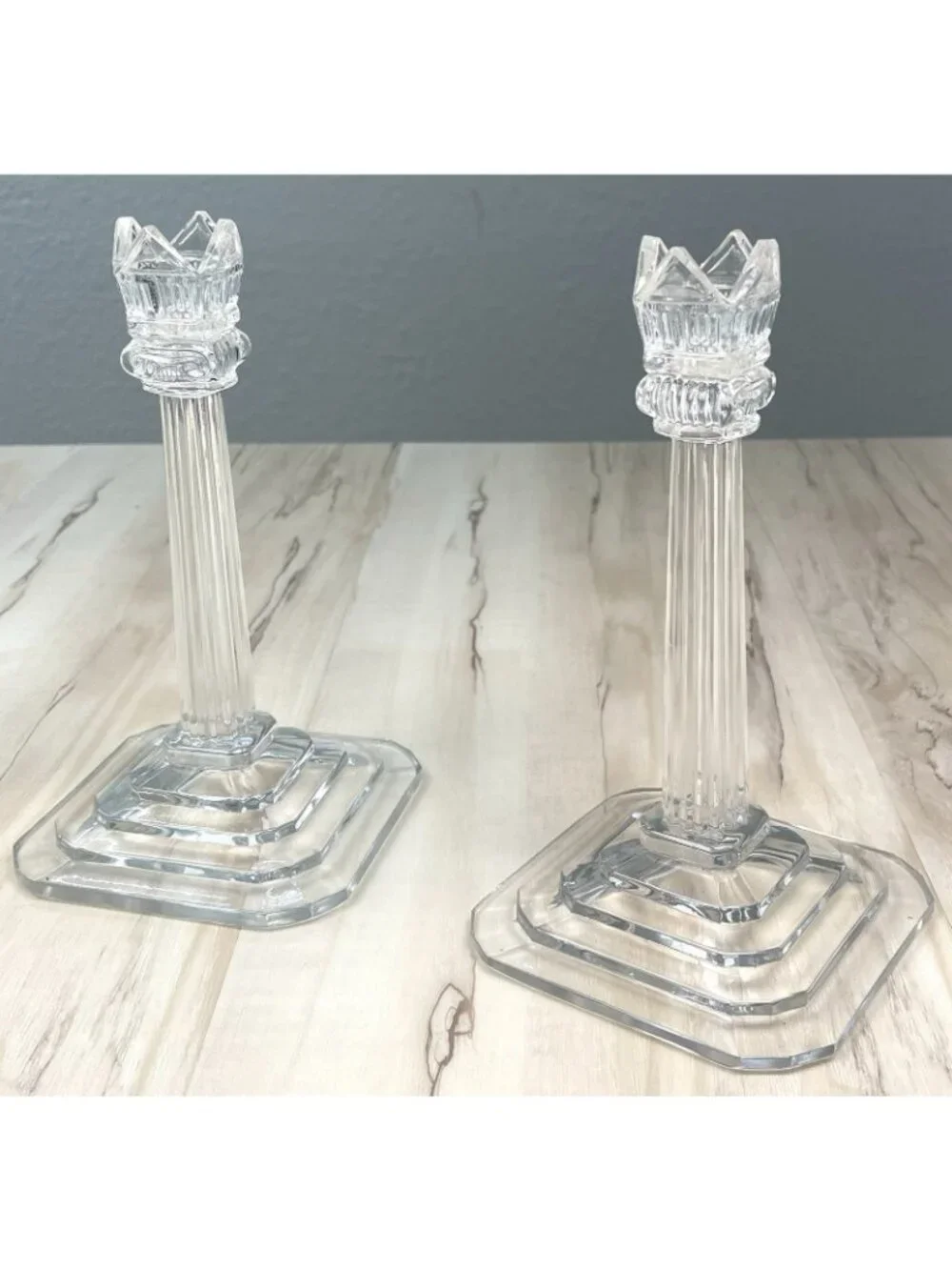 VTG Pair 2 POLONIA Clear Crystal Taper Candle CANDLESTICK HOLDERS Art Deco 8